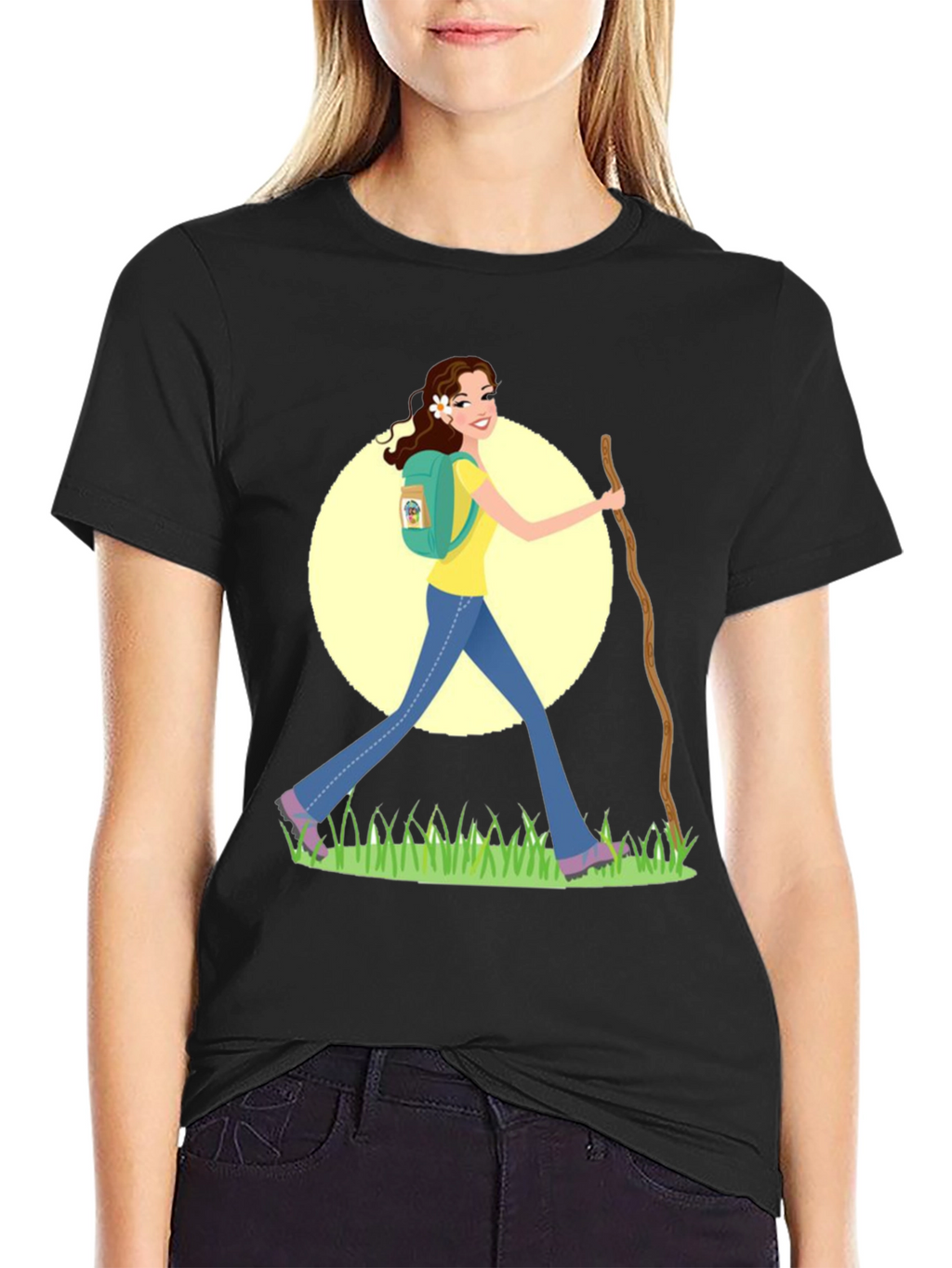 Hiking Woman Graphic Tee - Black Cotton Blend
