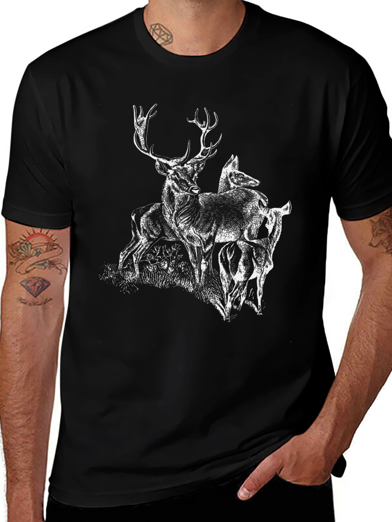 Deer Graphic Tee - Black Cotton Blend Casual Top