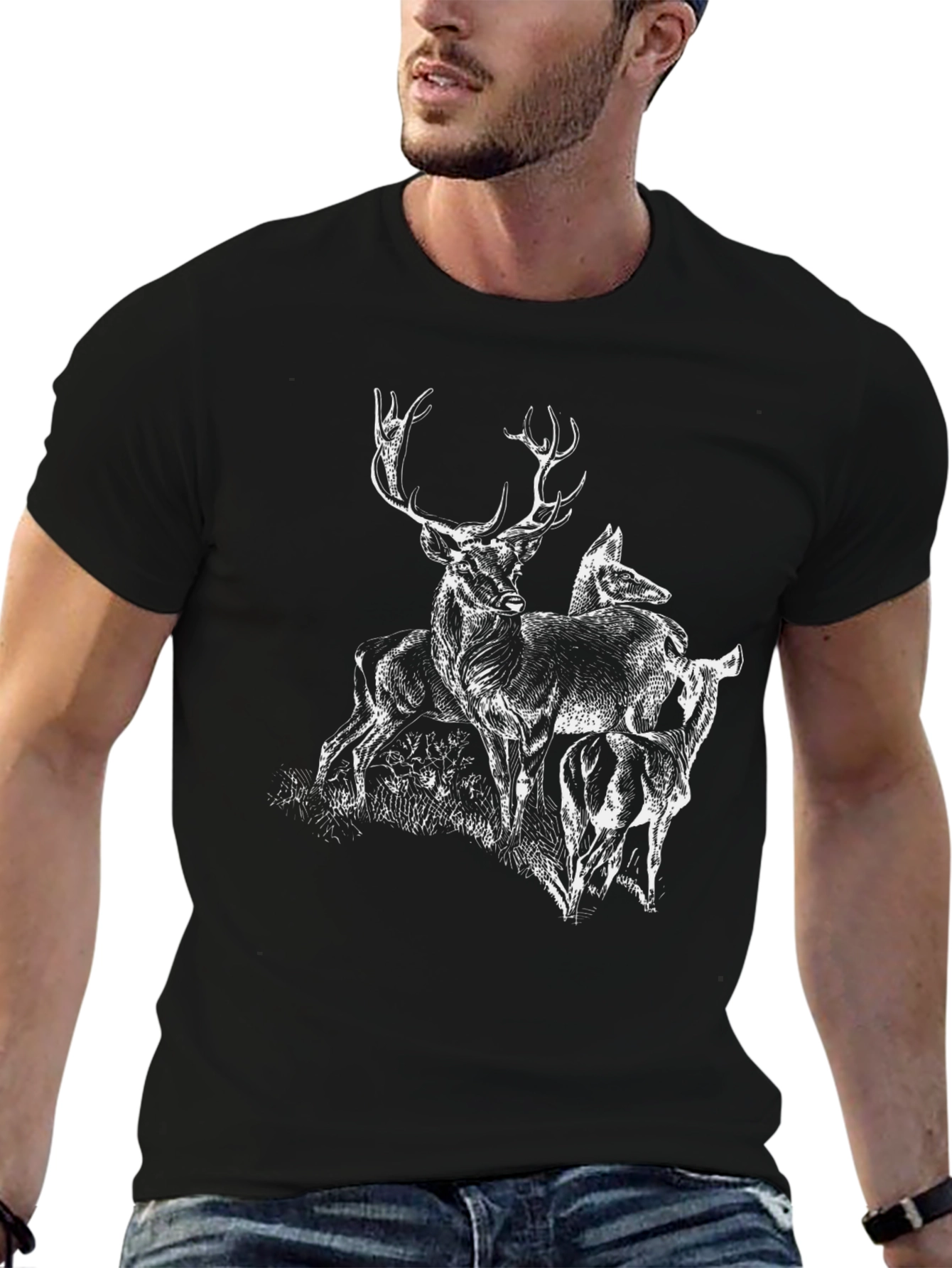Deer Graphic Tee - Black Cotton Blend Casual Top