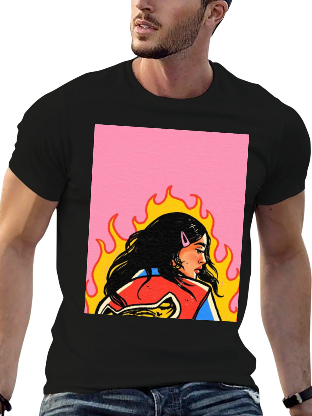 Retro Woman Graphic Tee - Black Cotton Casual T-Shirt