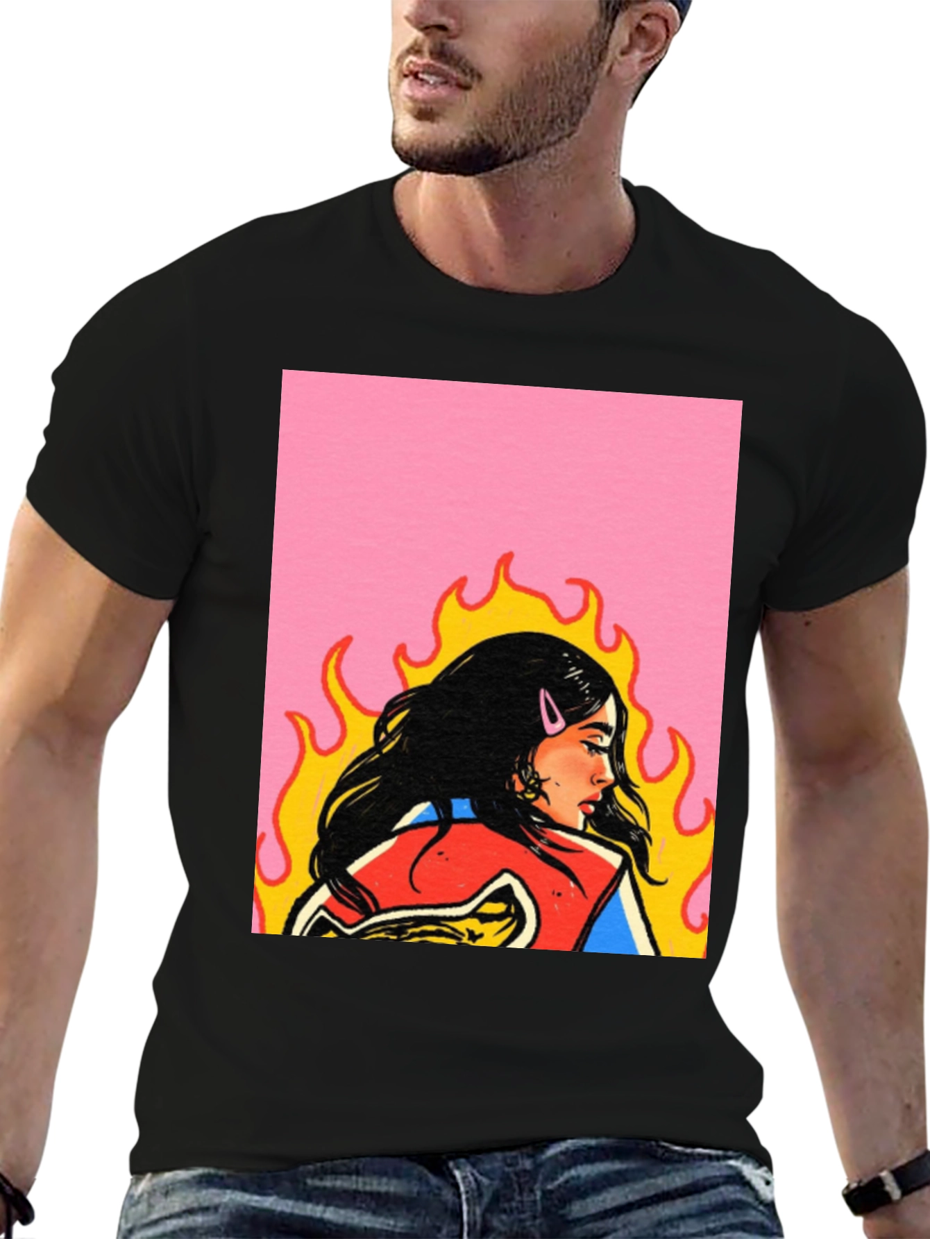 Retro Woman Graphic Tee - Black Cotton Casual T-Shirt