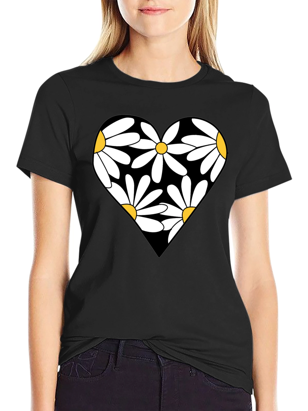 Daisy Heart Graphic Black T-Shirt