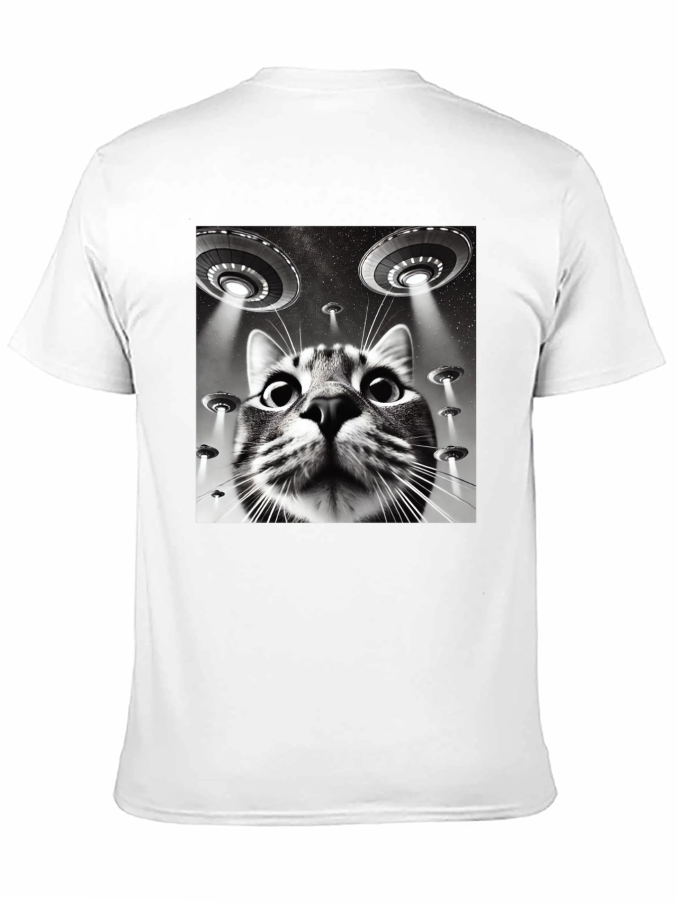 Alien Cat Abduction T-Shirt - Black Cotton Tee