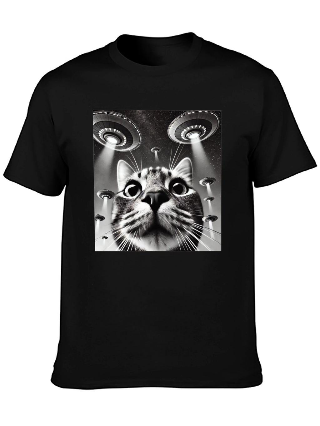 Alien Cat Abduction T-Shirt - Black Cotton Tee