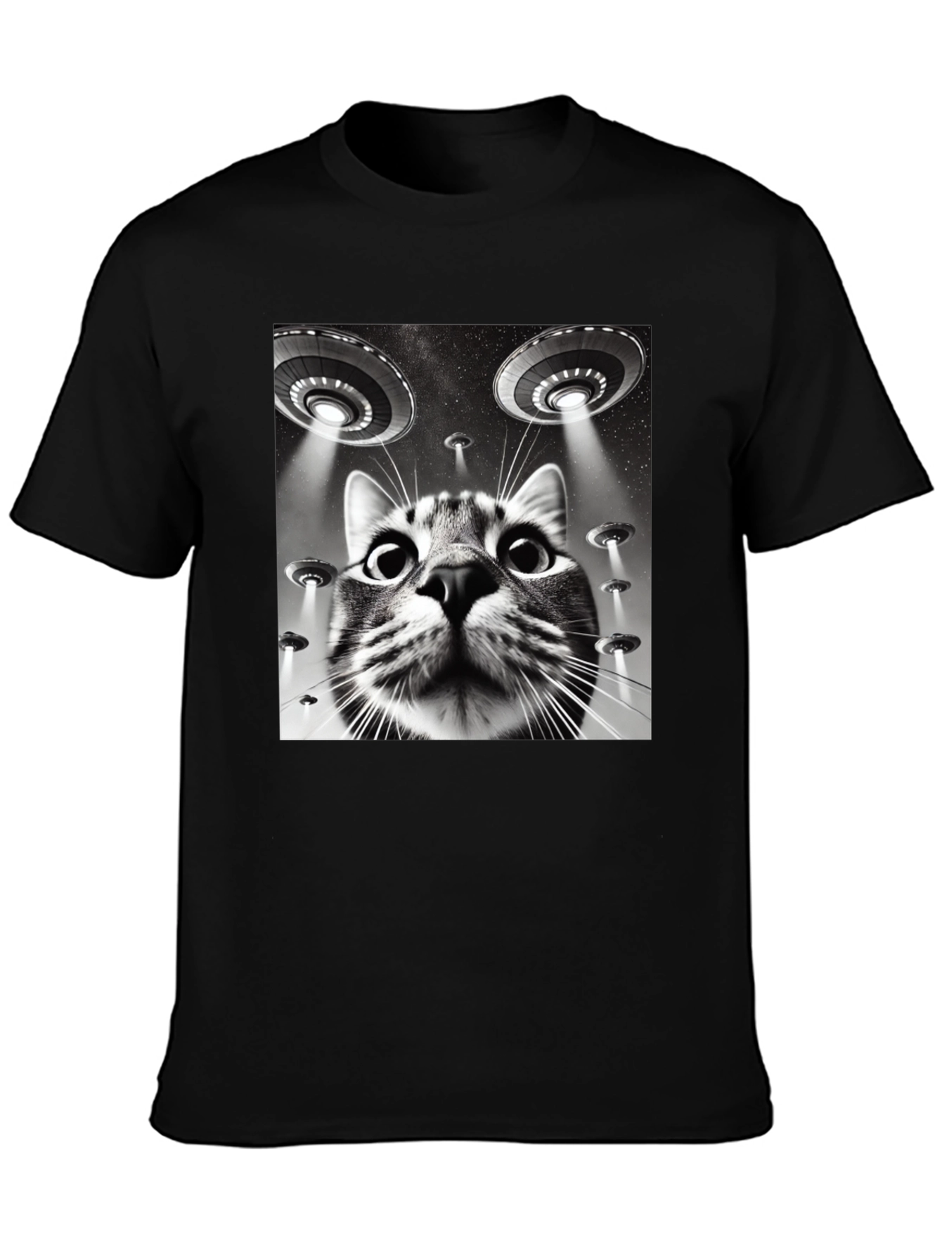 Alien Cat Abduction T-Shirt - Black Cotton Tee