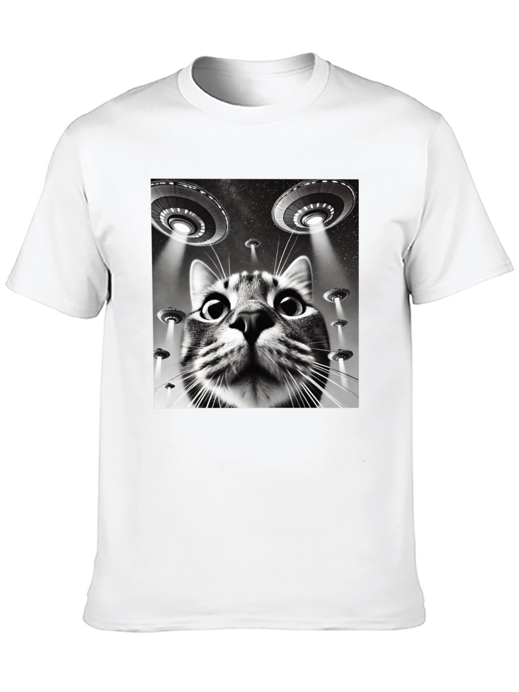 Alien Cat Abduction T-Shirt - Black Cotton Tee
