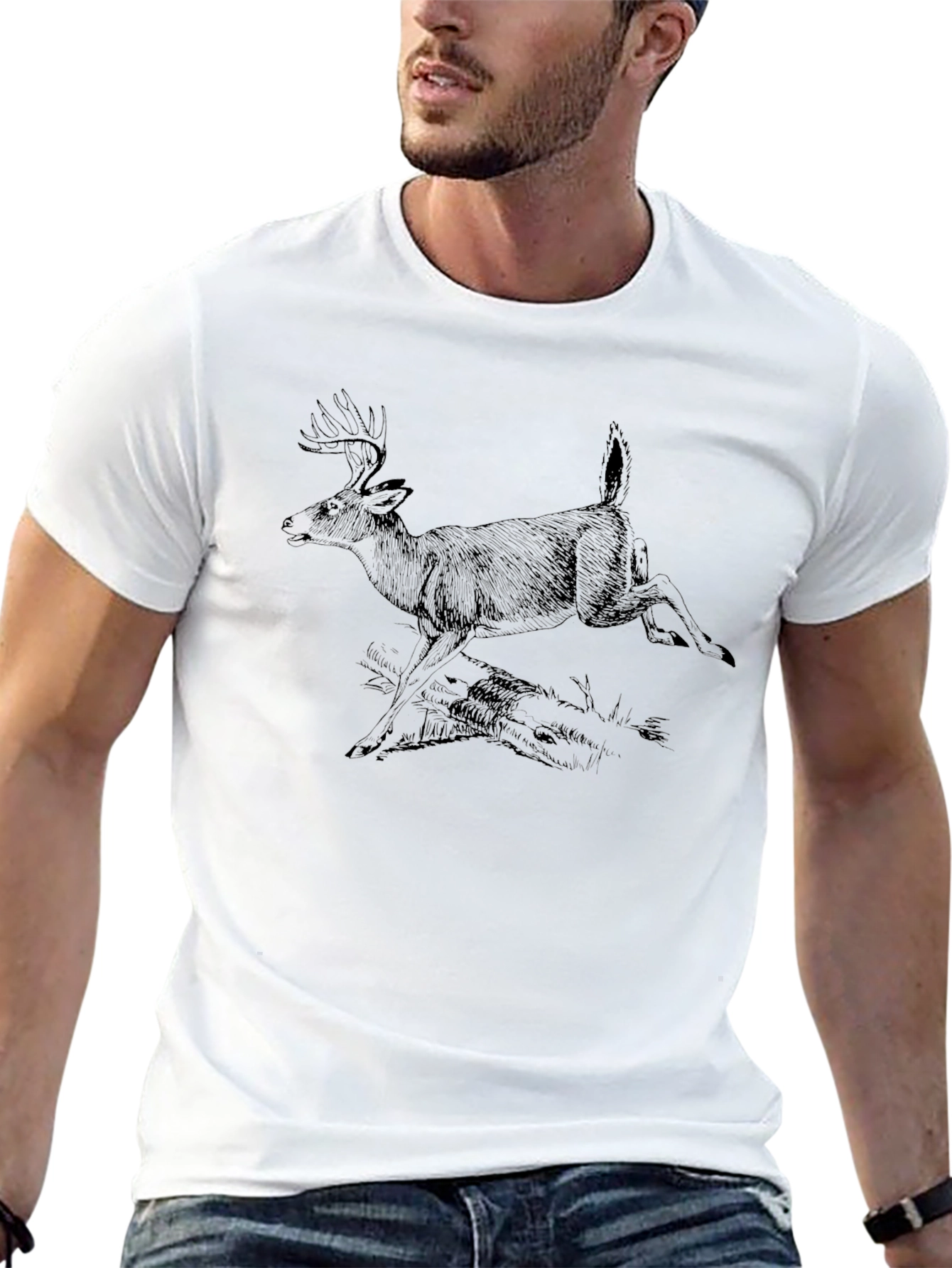Mens Black T-Shirt with Deer Graphic
