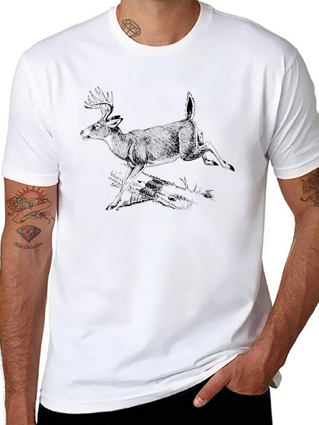 Mens Black T-Shirt with Deer Graphic