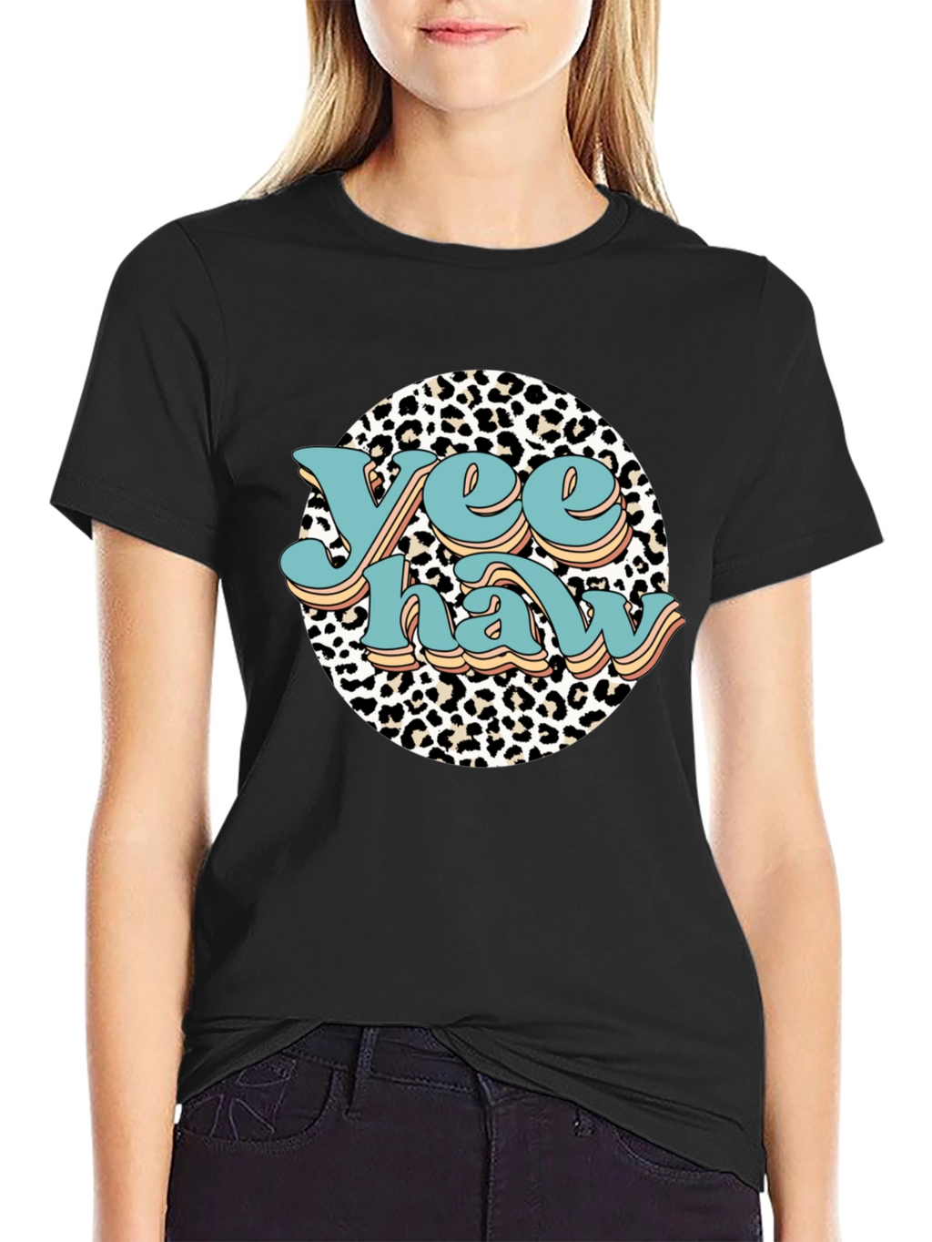 Yee Haw Leopard Print Graphic Tee - Black