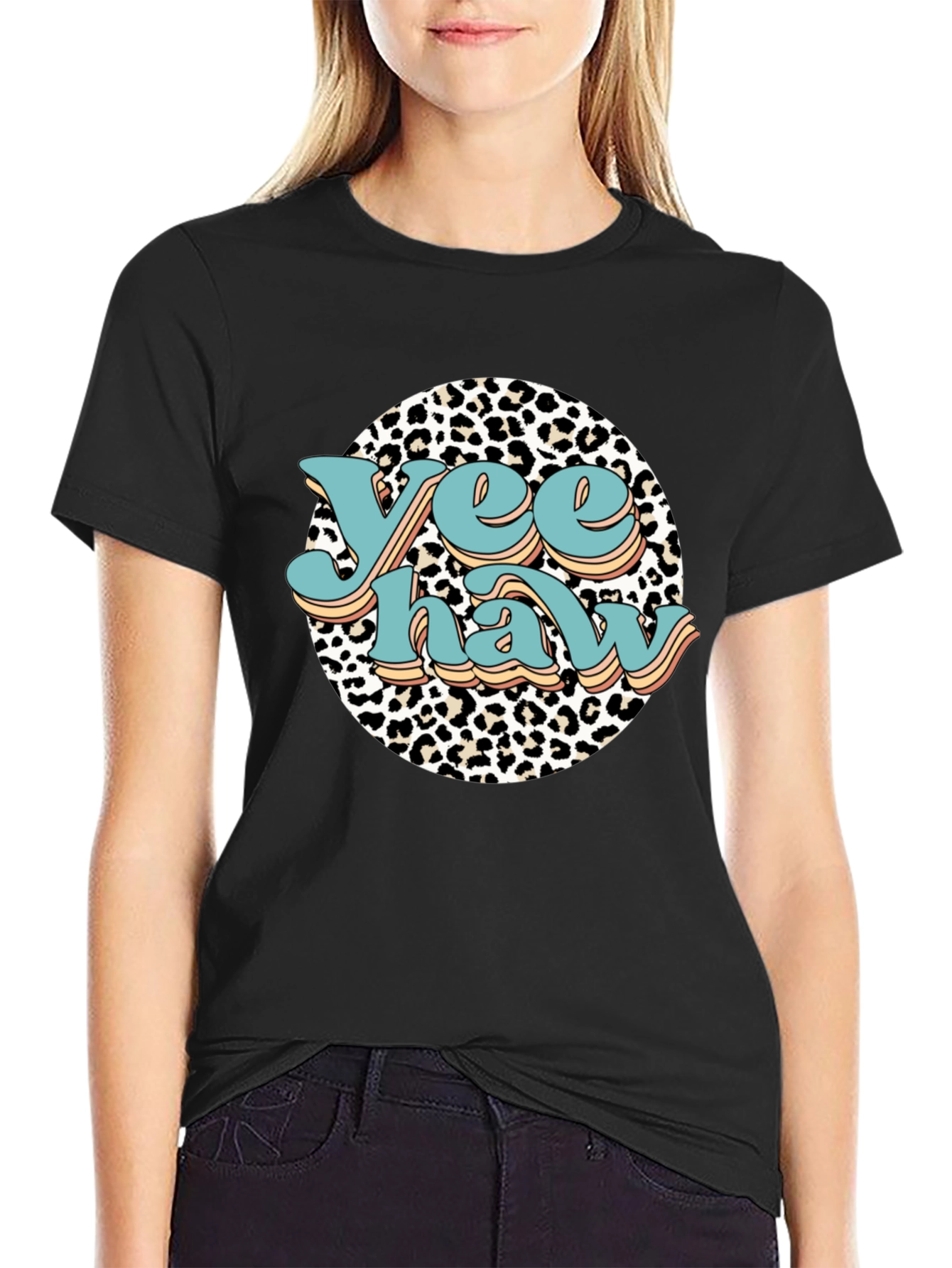 Yee Haw Leopard Print Graphic Tee - Black