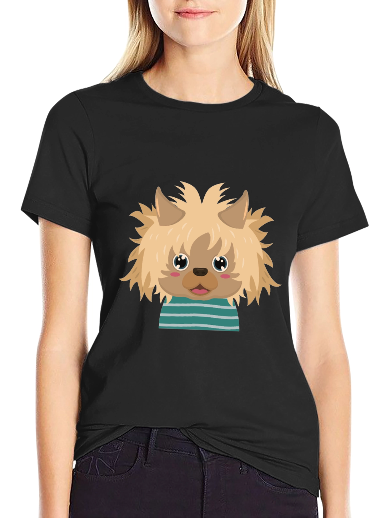 Cute Dog Cartoon Graphic Black T-Shirt