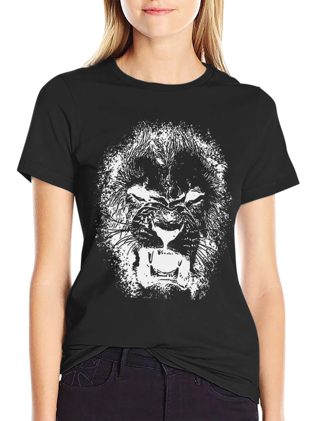 Black T-Shirt with Lion Graphic Print