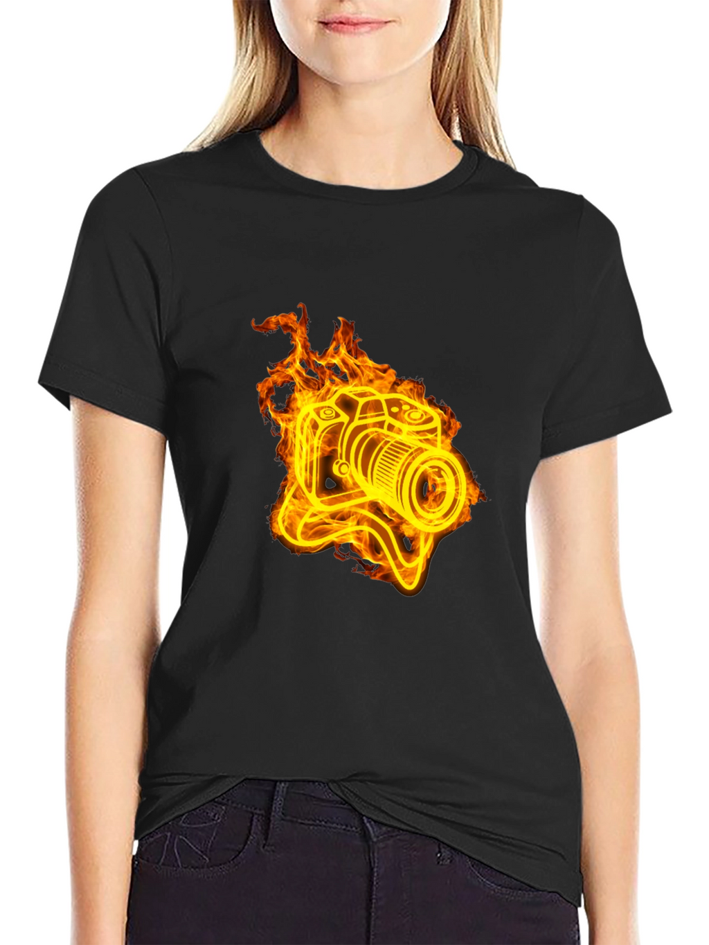 Fiery Camera Graphic Tee - Black Cotton T-Shirt