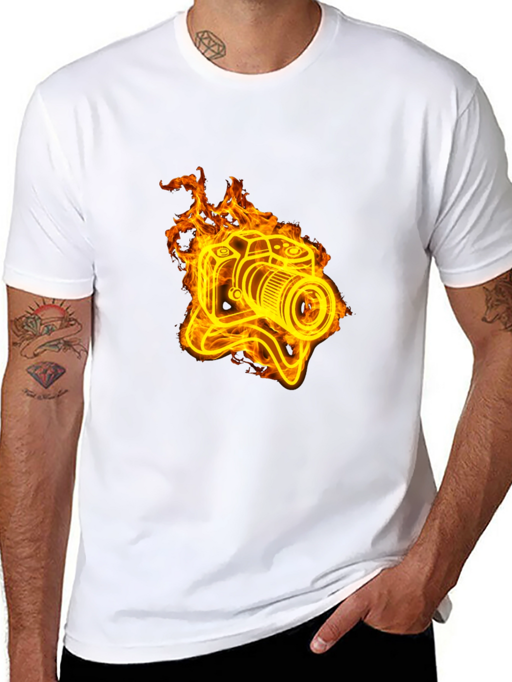 Fiery Camera Graphic Tee - Black Cotton T-Shirt