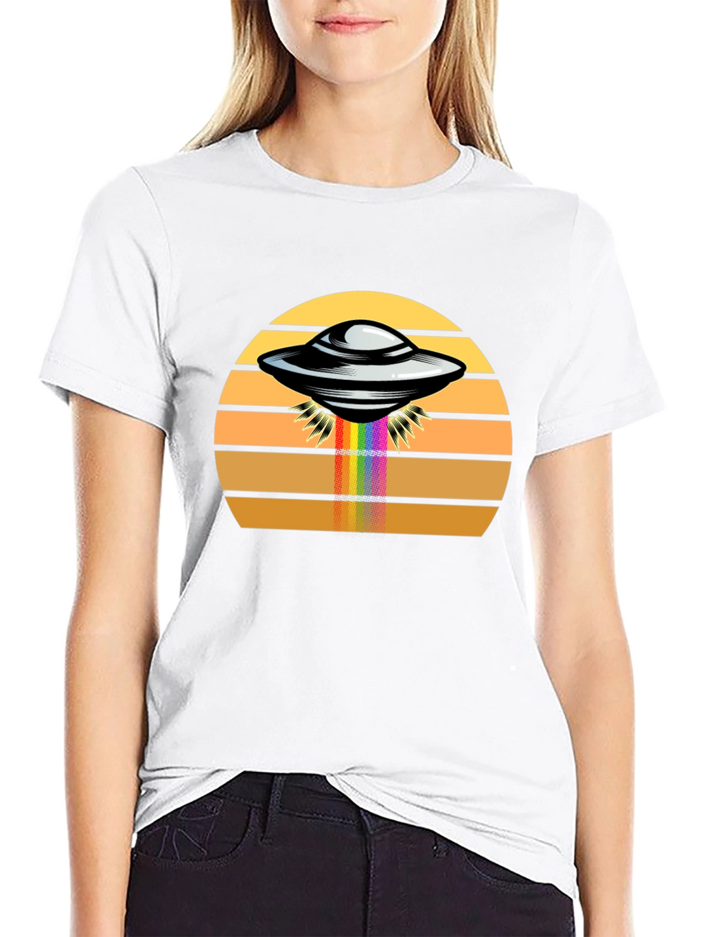 Retro UFO Abduction Rainbow Beam Graphic Tee