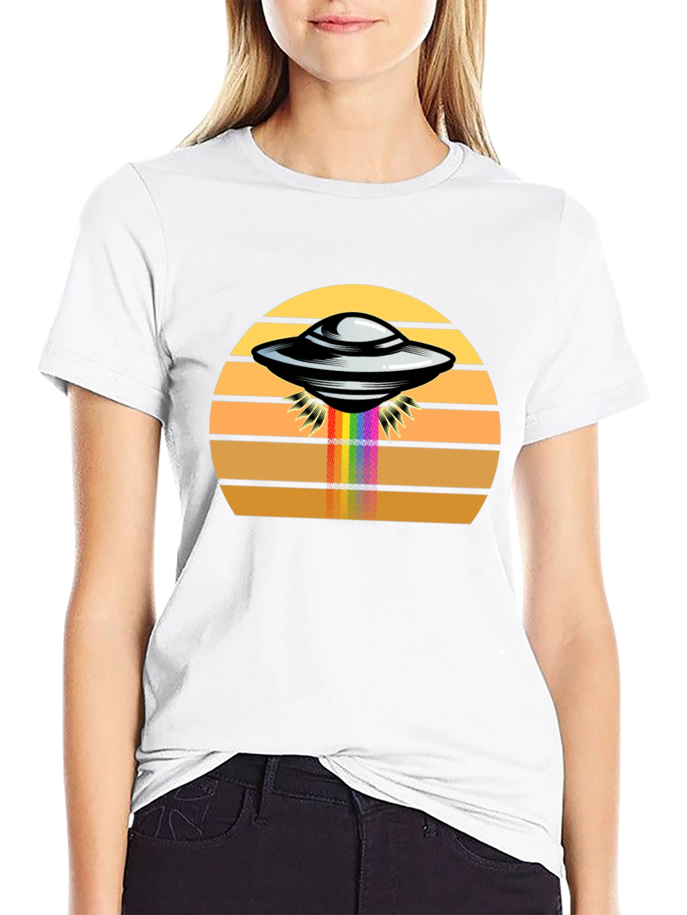 Retro UFO Abduction Rainbow Beam Graphic Tee