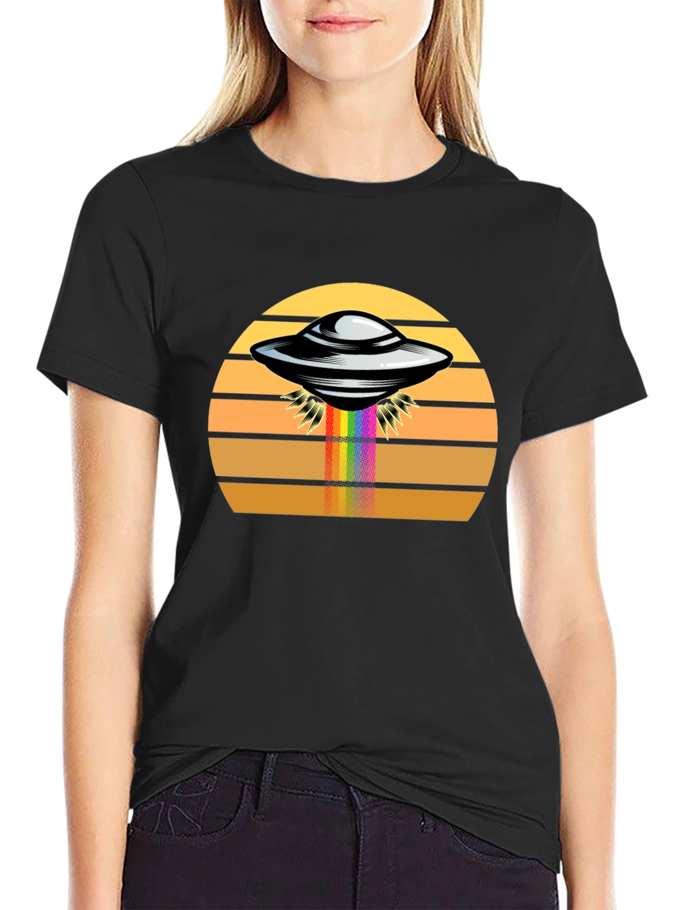 Retro UFO Abduction Rainbow Beam Graphic Tee
