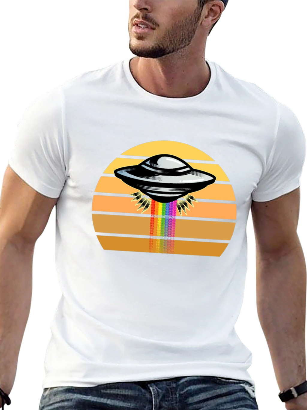Retro UFO Abduction Rainbow Beam Graphic Tee