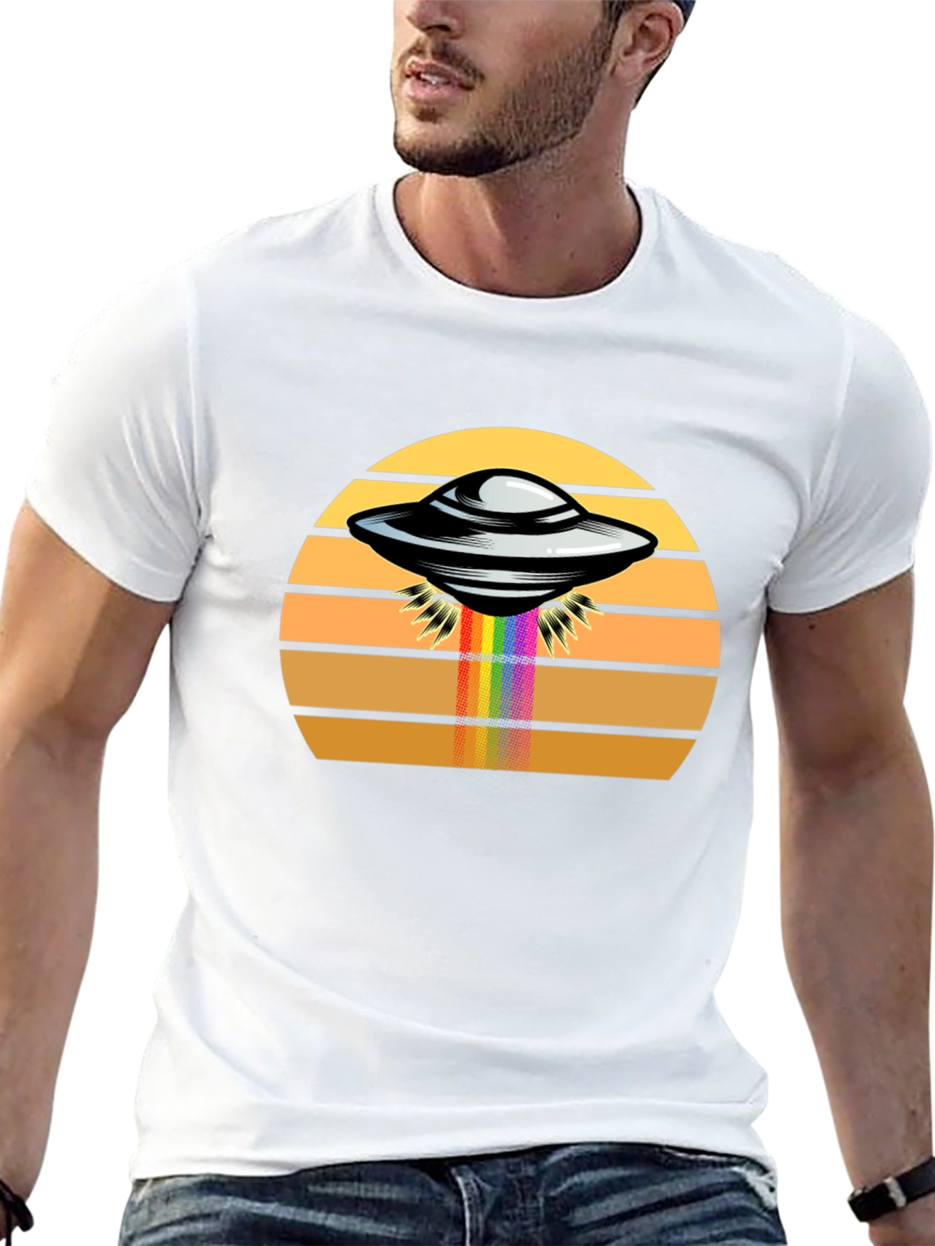 Retro UFO Abduction Rainbow Beam Graphic Tee
