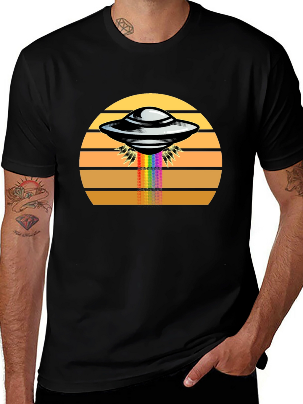 Retro UFO Abduction Rainbow Beam Graphic Tee