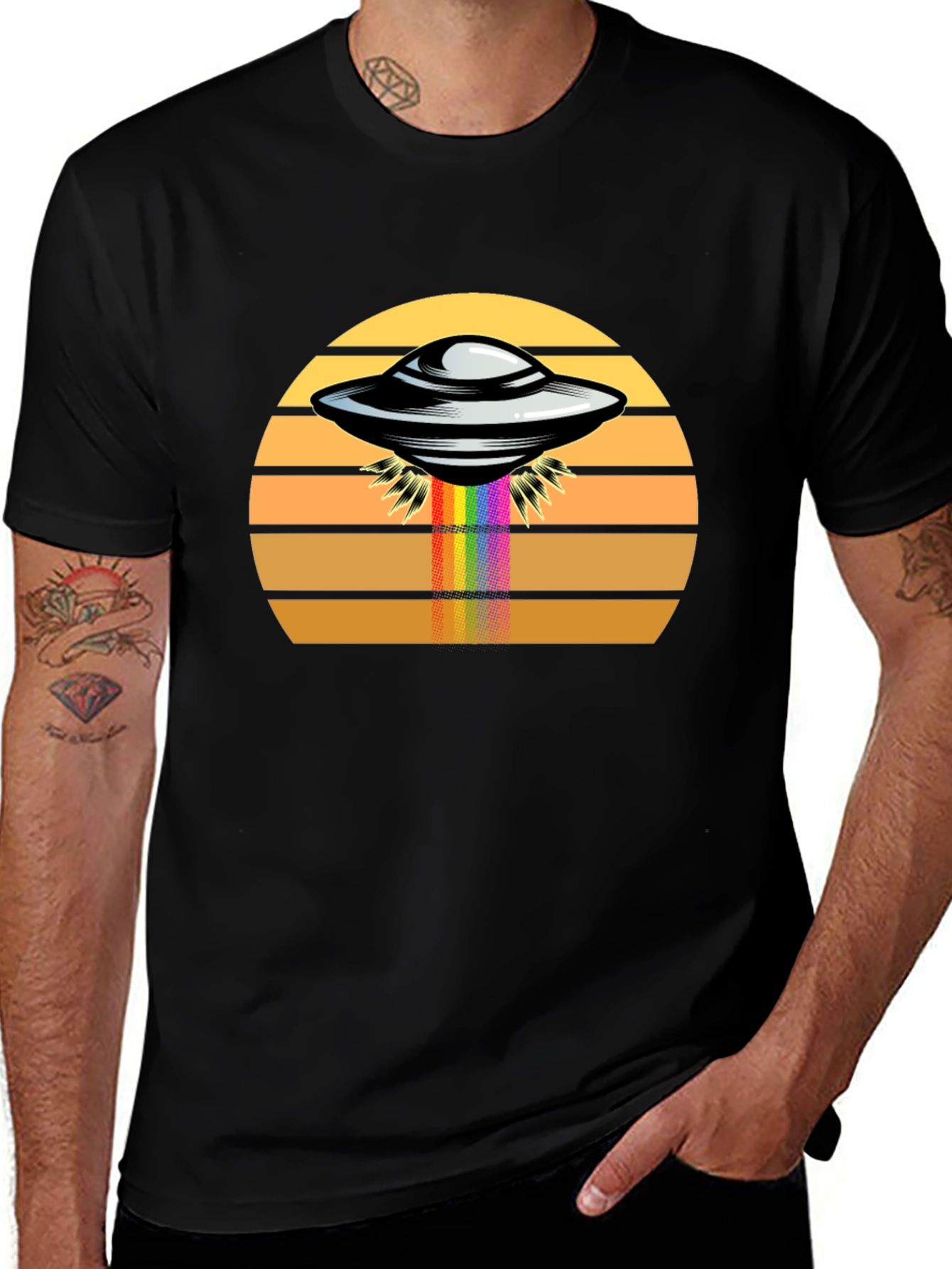 Retro UFO Abduction Rainbow Beam Graphic Tee