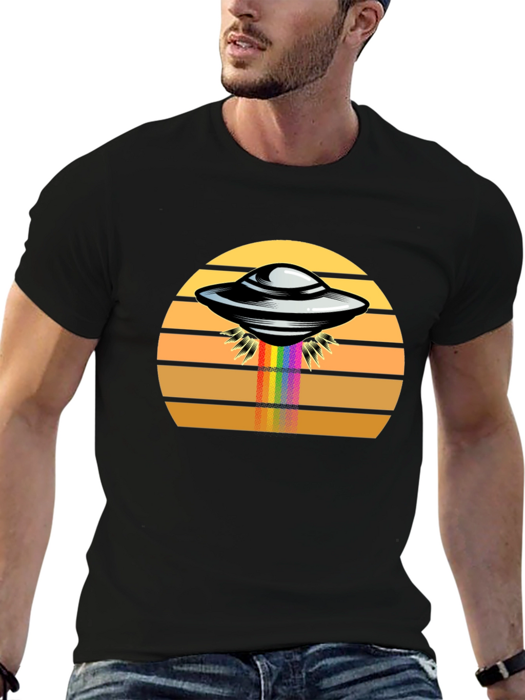 Retro UFO Abduction Rainbow Beam Graphic Tee