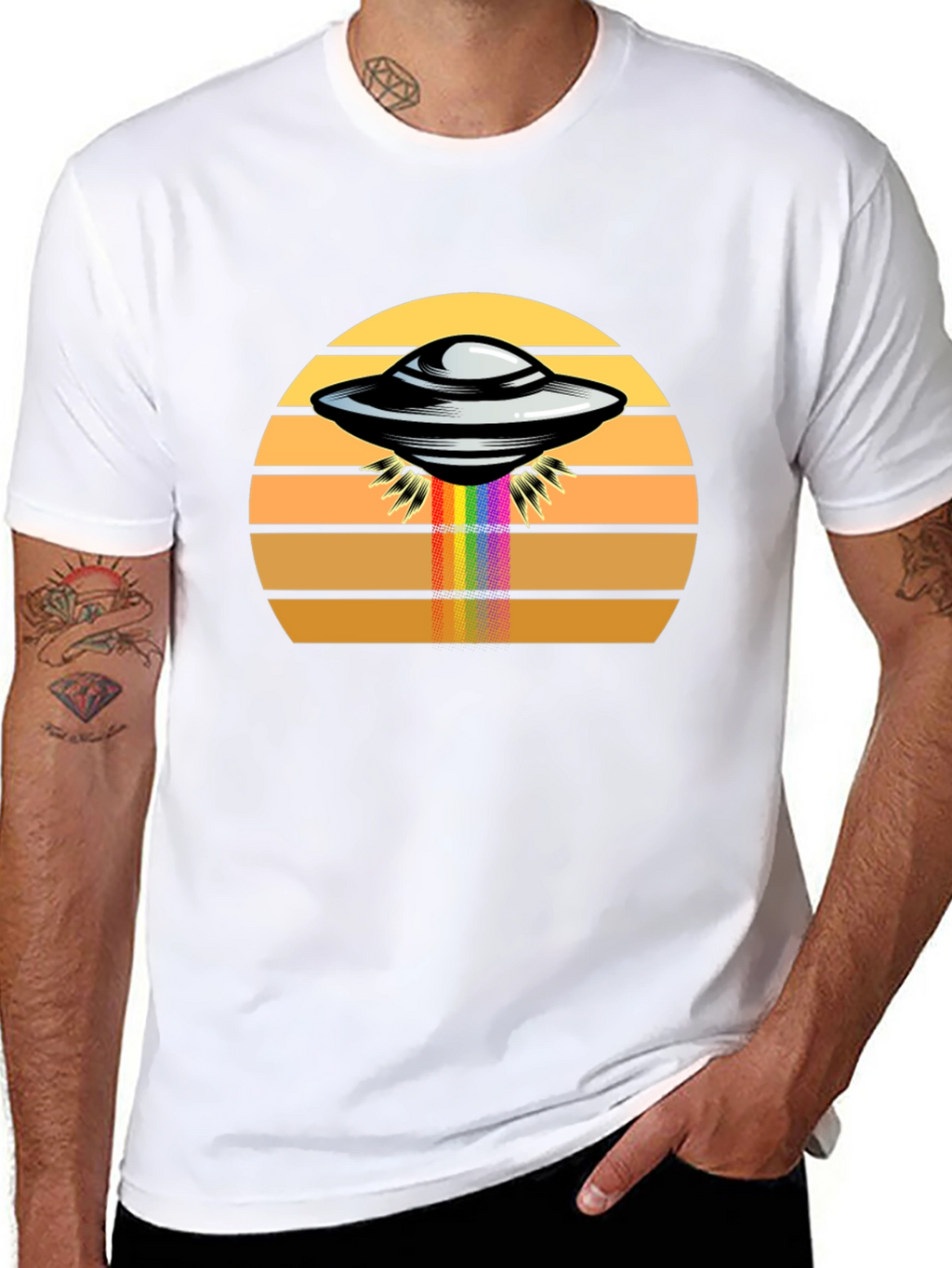 Retro UFO Abduction Rainbow Beam Graphic Tee