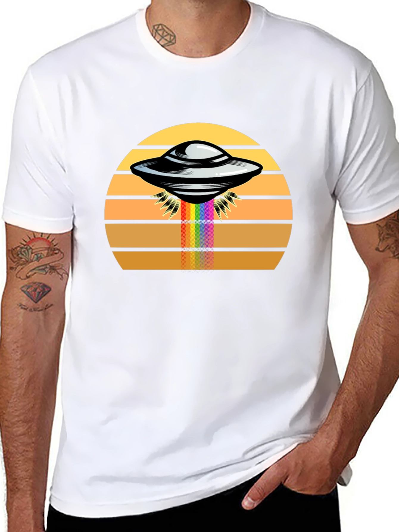 Retro UFO Abduction Rainbow Beam Graphic Tee