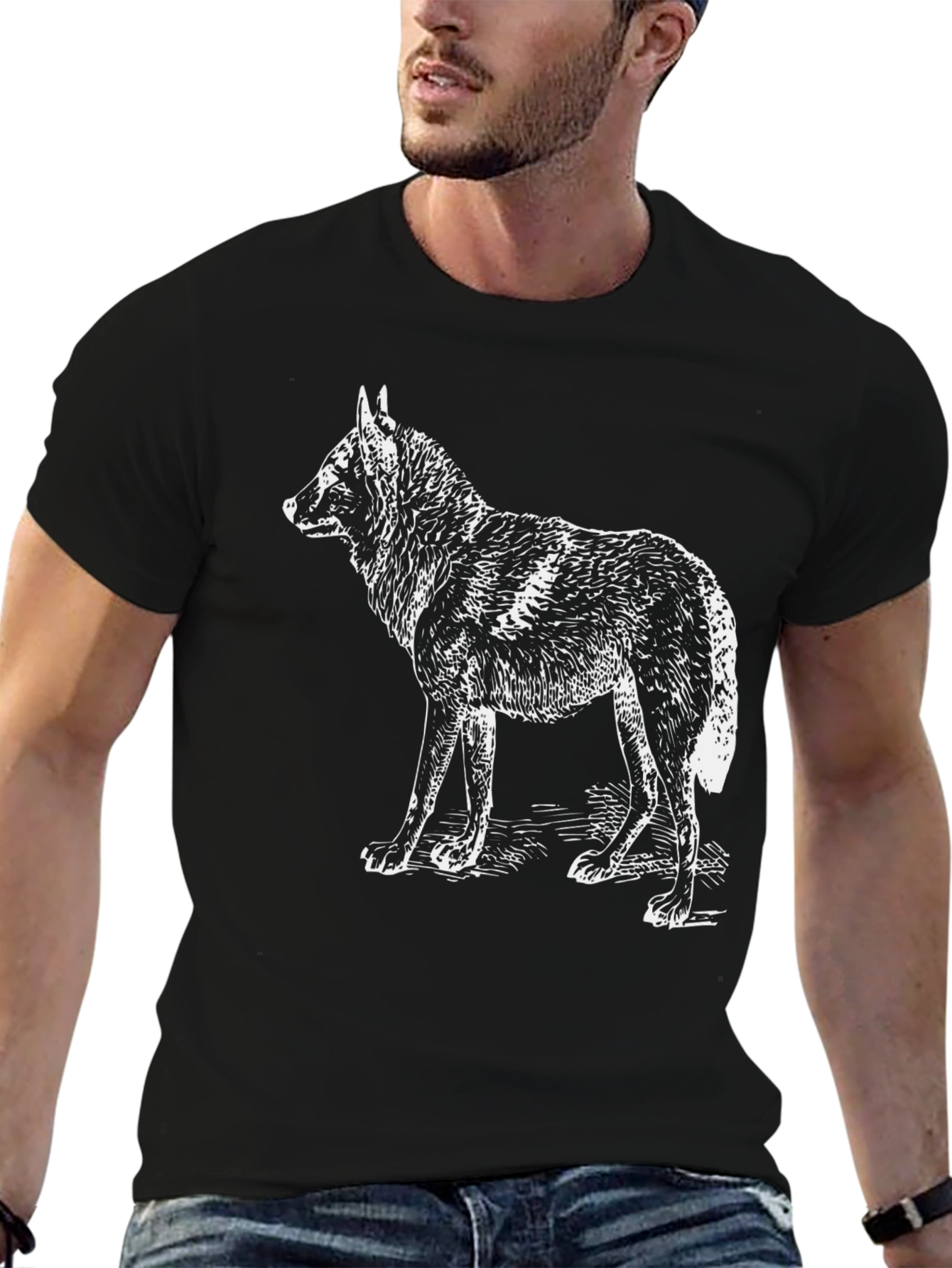 Black T-Shirt with White Wolf Design