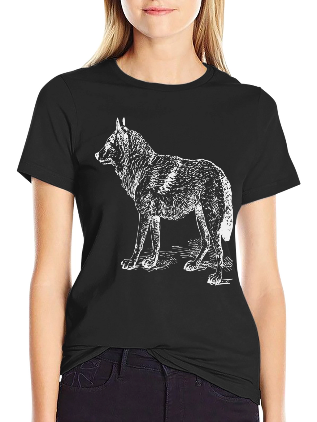 Black T-Shirt with White Wolf Design