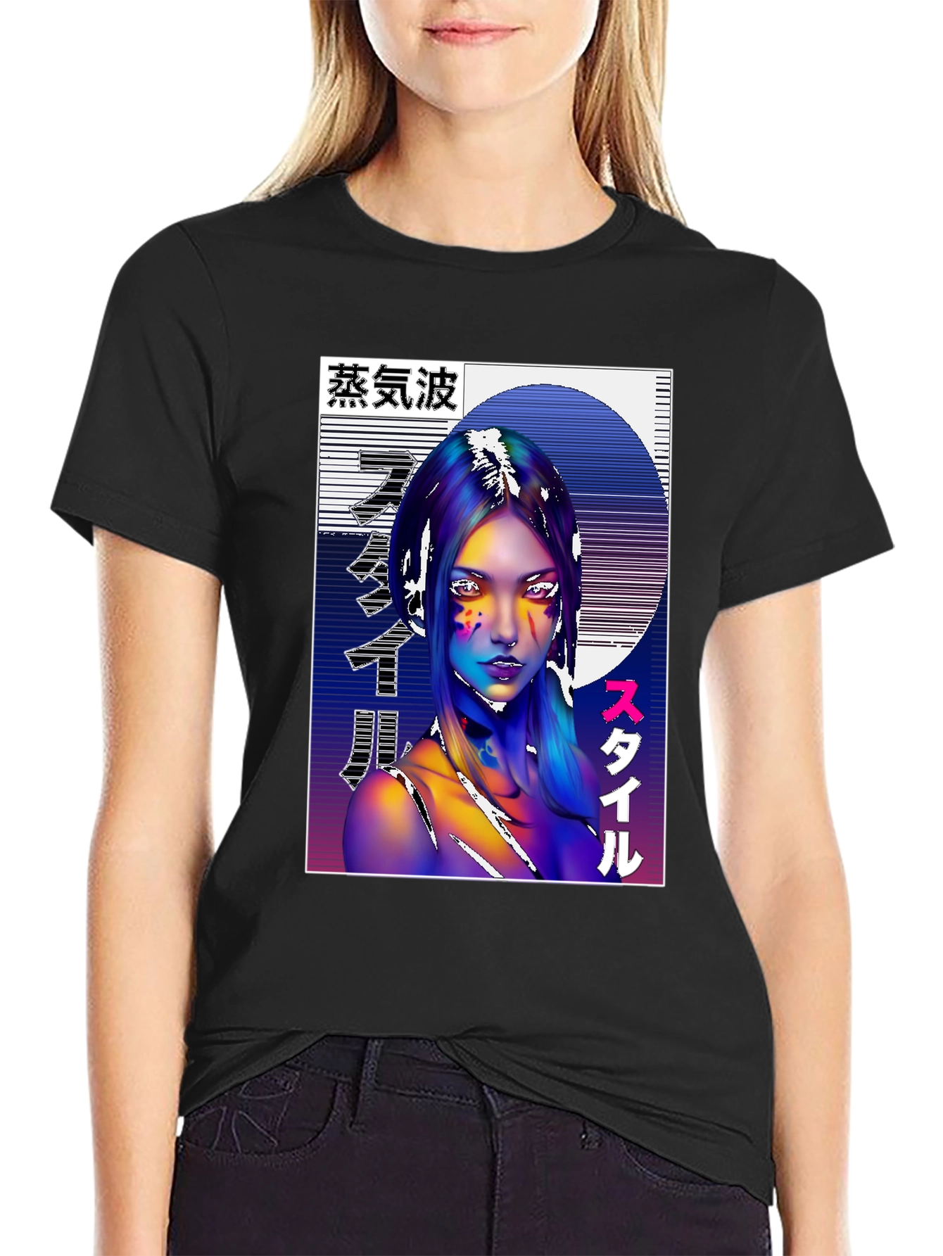 Vaporwave Style Graphic Tee - Black Cotton Shirt
