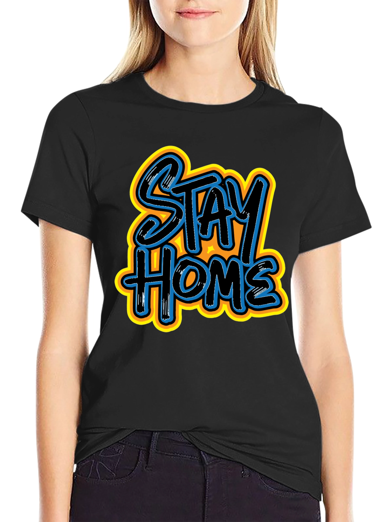 Stay Home Graphic Print Black Tee