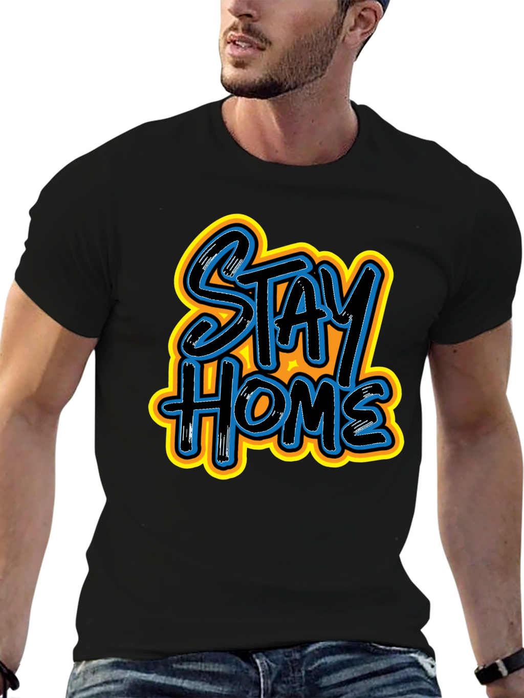 Stay Home Graphic Print Black Tee