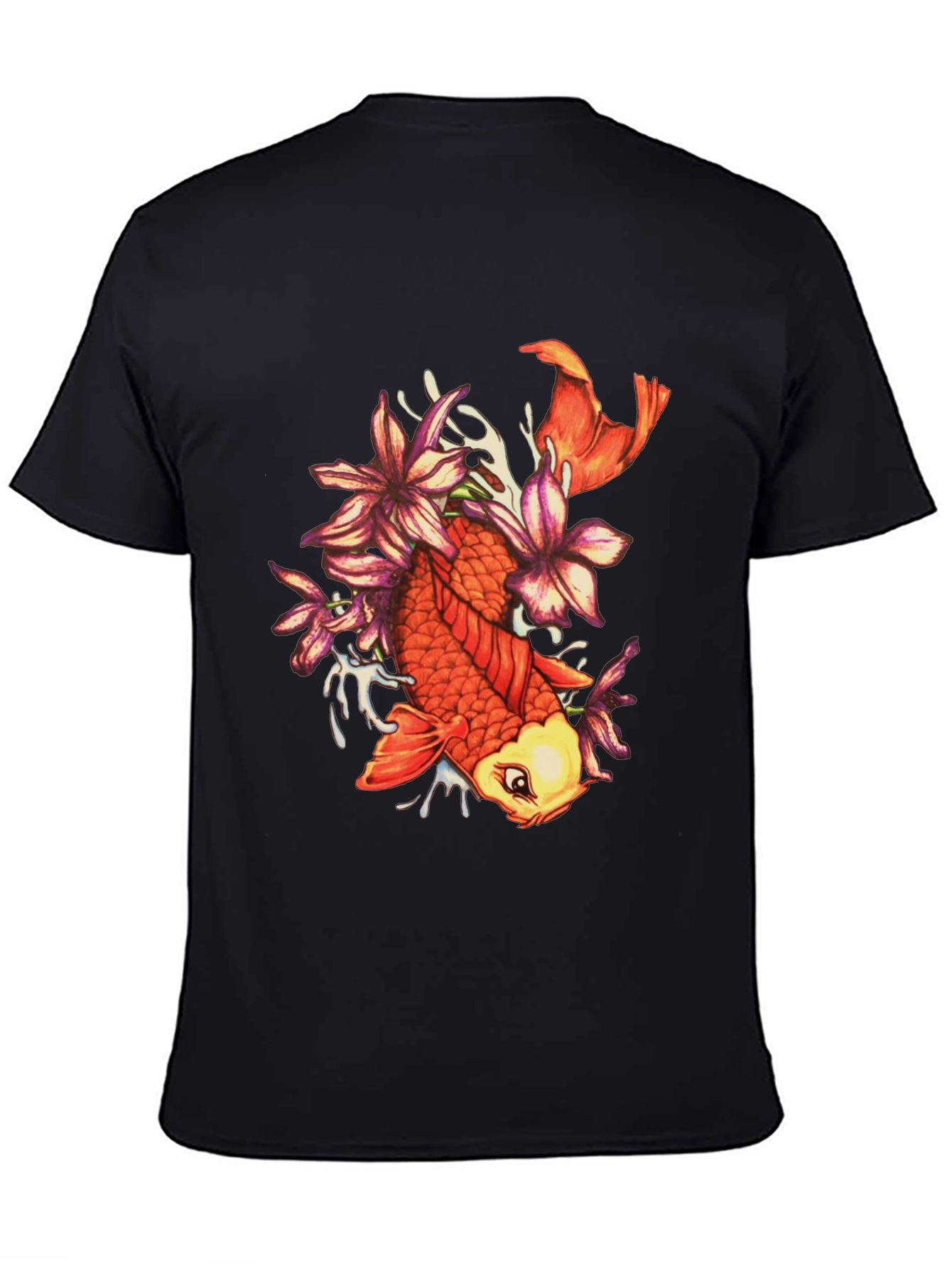 Koi Fish Floral Graphic Tee - Stylish Black T-Shirt