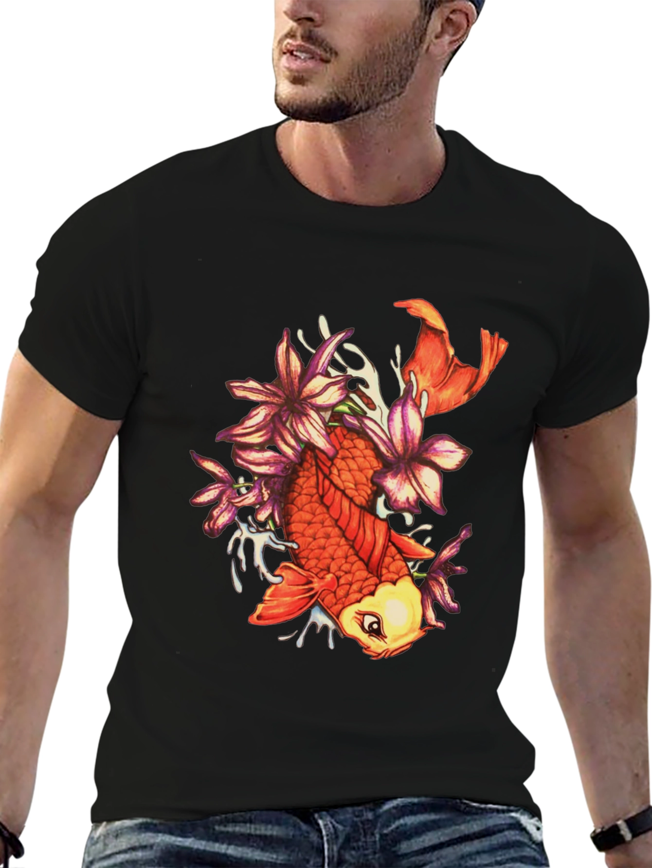 Koi Fish Floral Graphic Tee - Stylish Black T-Shirt