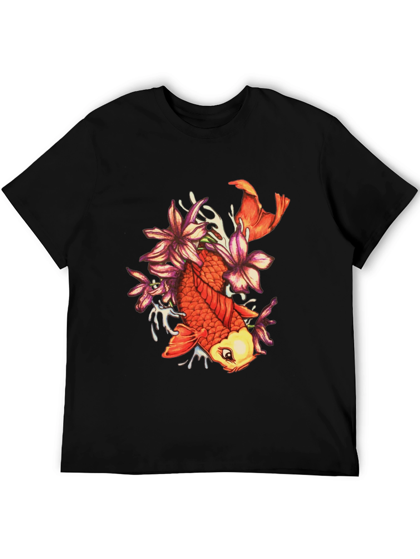 Koi Fish Floral Graphic Tee - Stylish Black T-Shirt