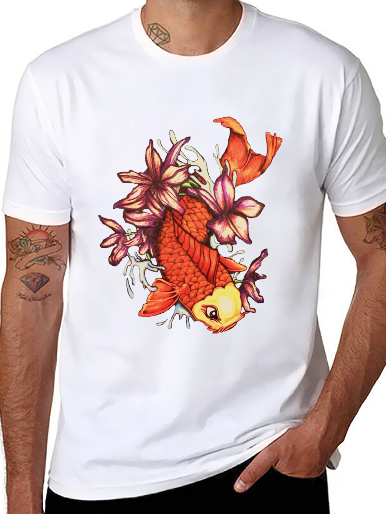 Koi Fish Floral Graphic Tee - Stylish Black T-Shirt