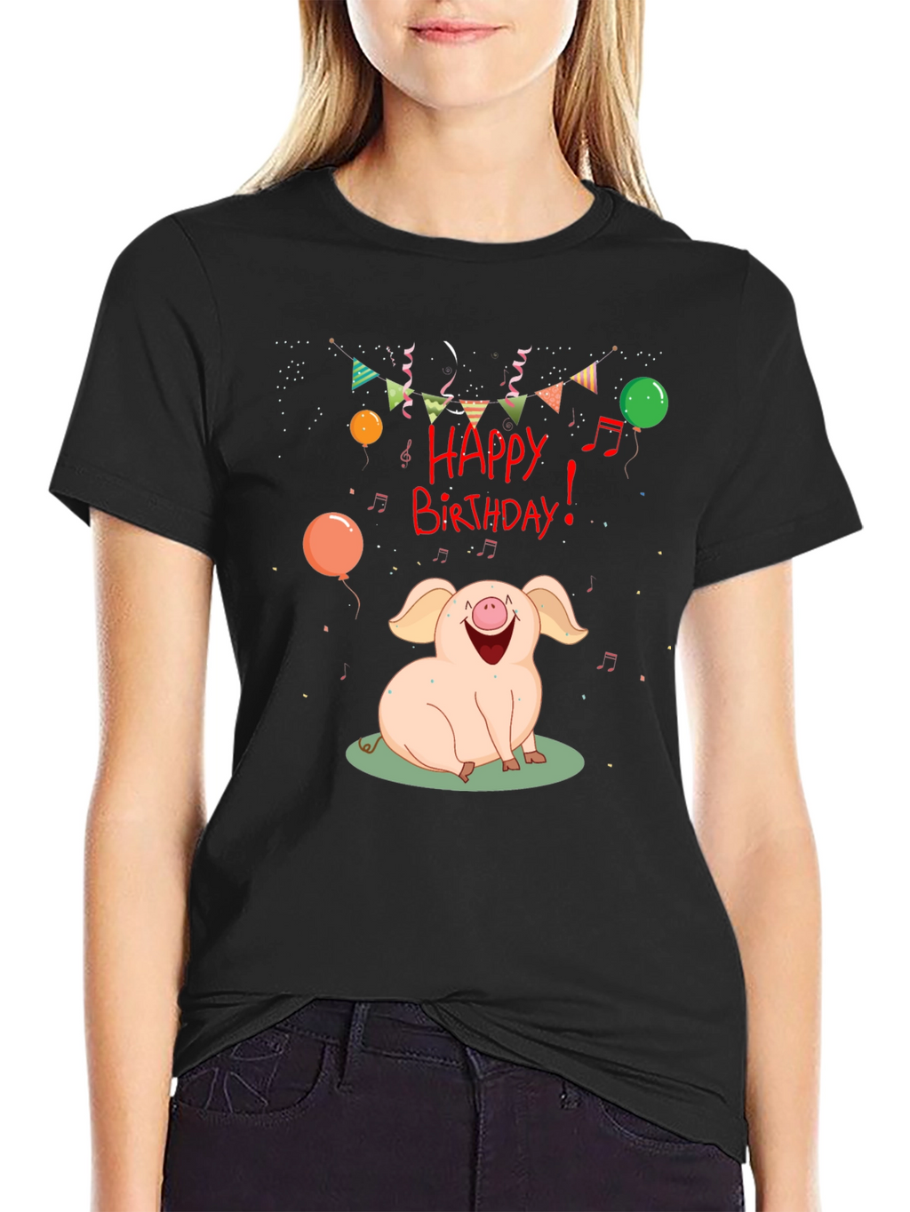 Happy Birthday Pig Graphic Tee - Black