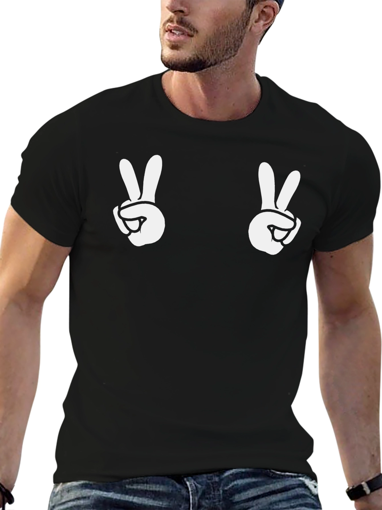 Peace Sign Graphic Tee - Black Cotton Casual Shirt