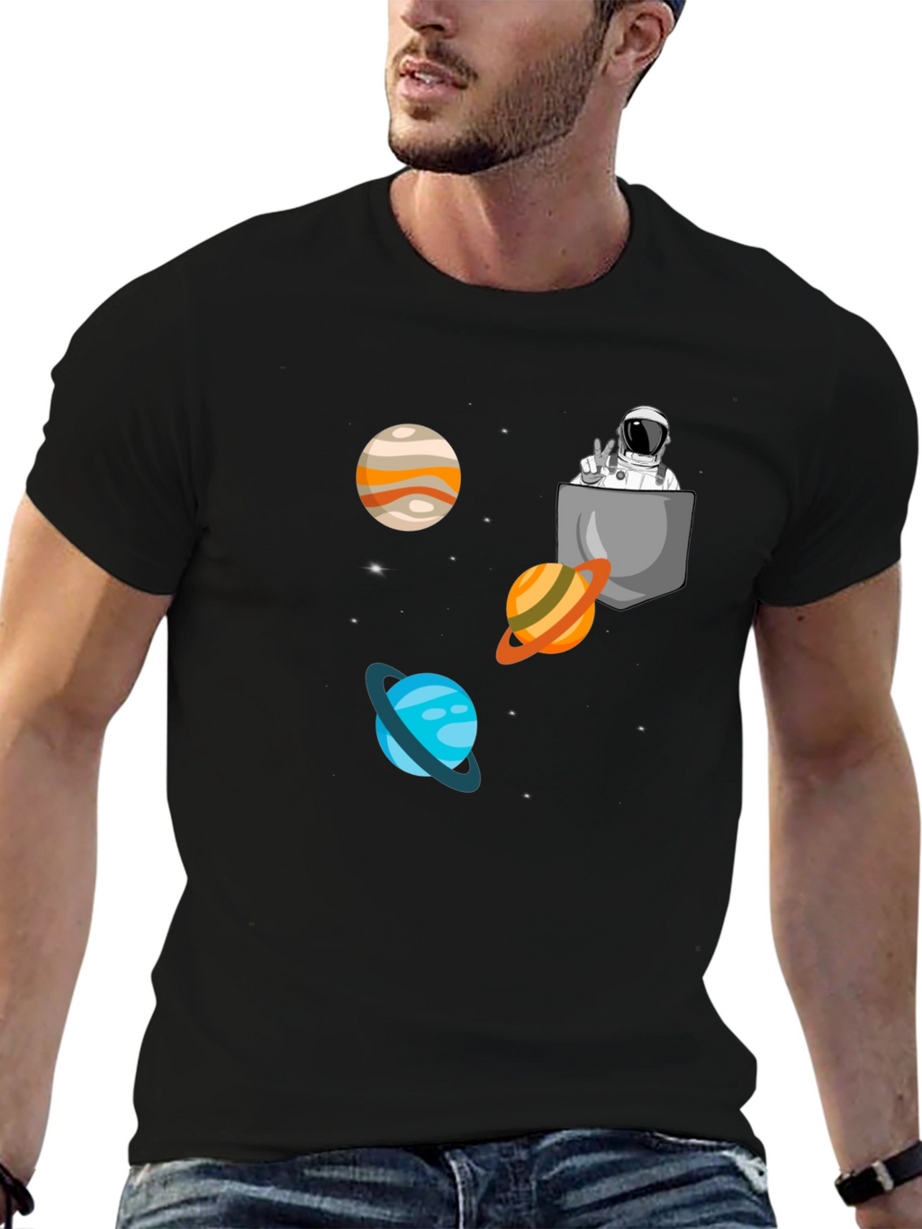Astronaut Pocket Print Black T-Shirt