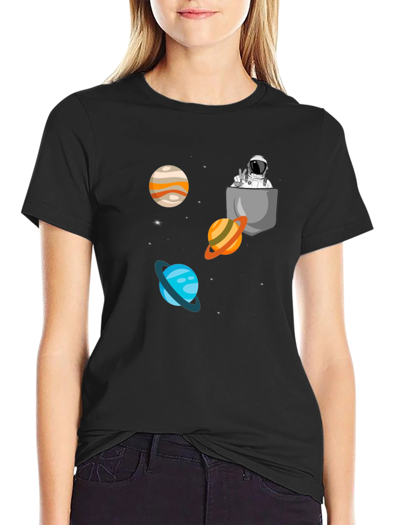 Astronaut Pocket Print Black T-Shirt