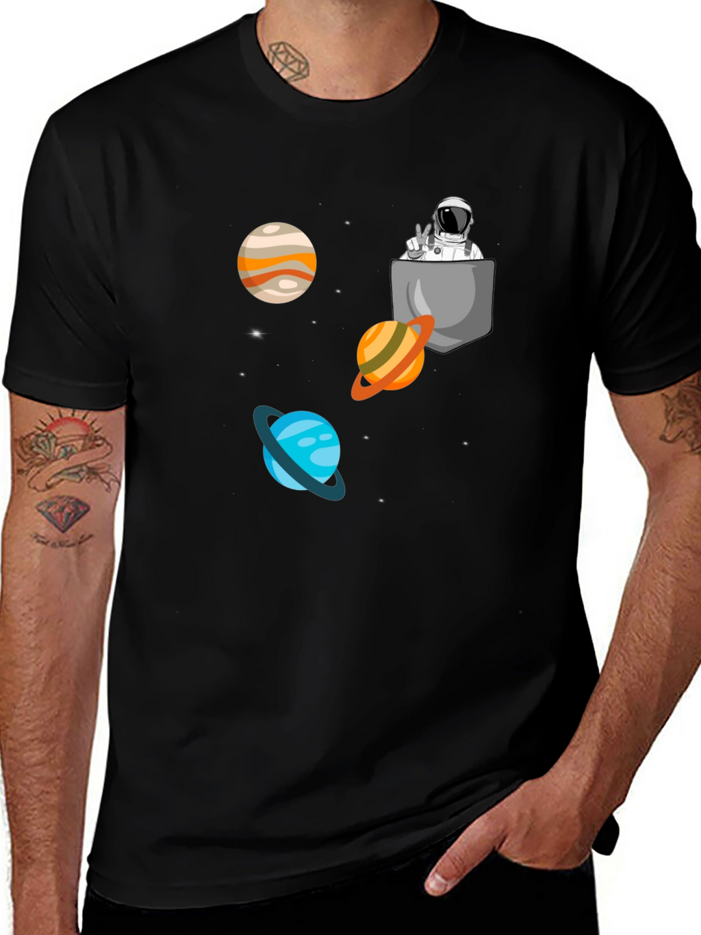 Astronaut Pocket Print Black T-Shirt