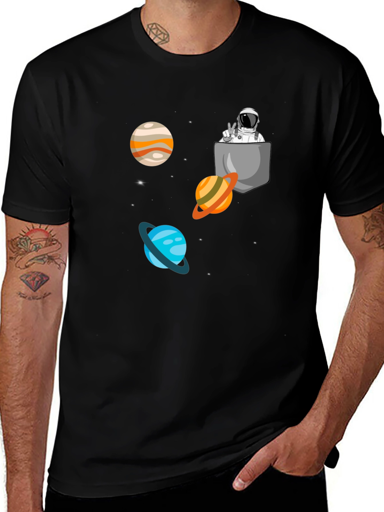 Astronaut Pocket Print Black T-Shirt