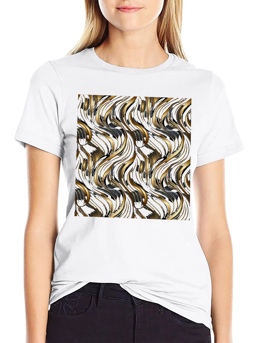 Stylish Black Tee with Gold Wave Design