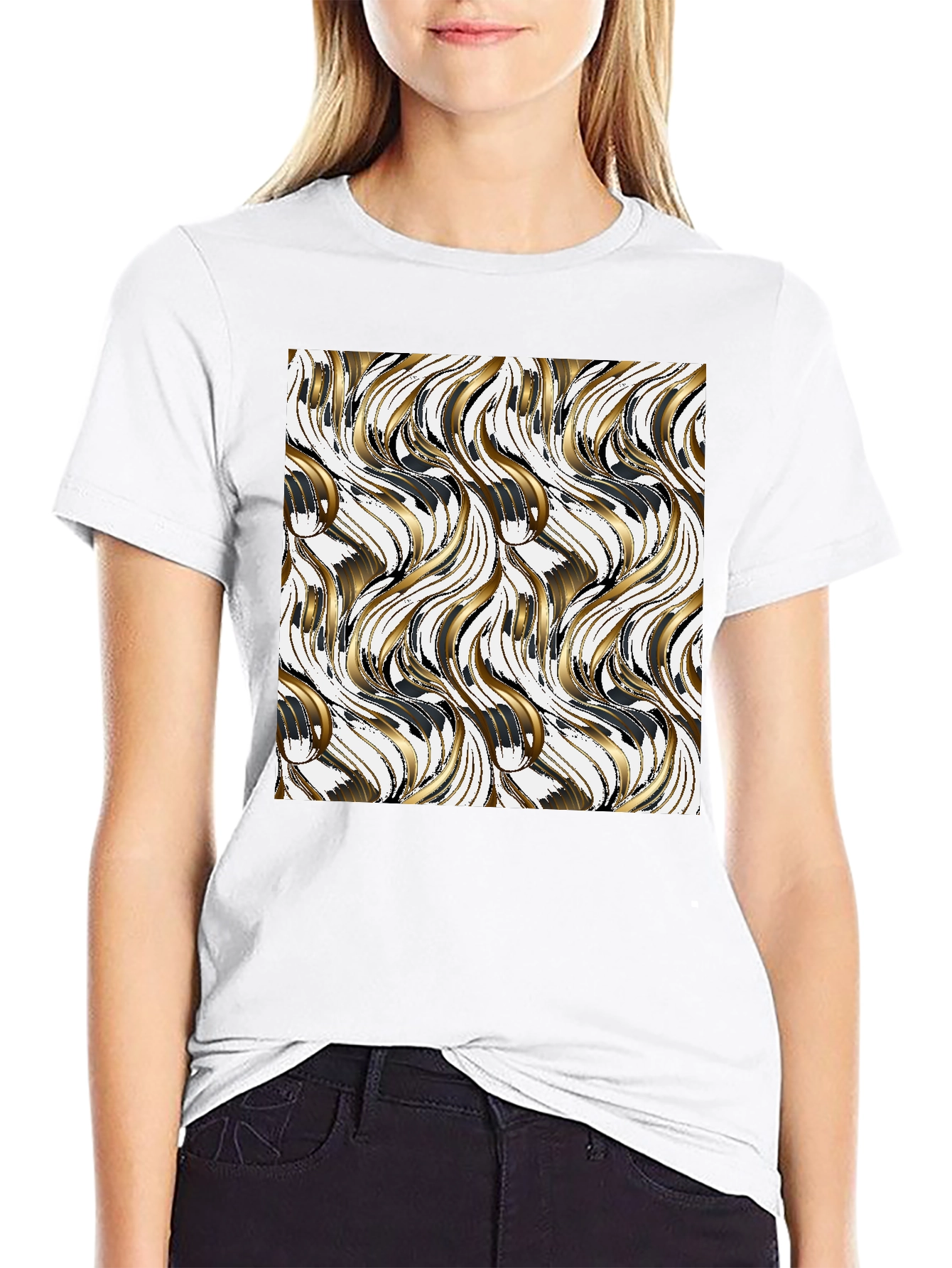 Stylish Black Tee with Gold Wave Design