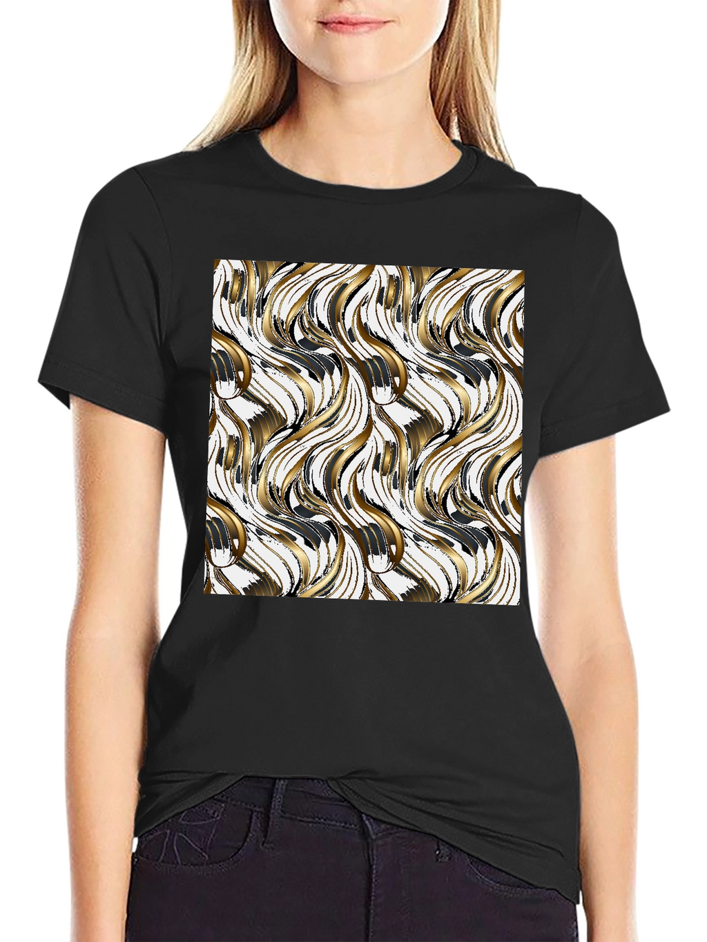 Stylish Black Tee with Gold Wave Design