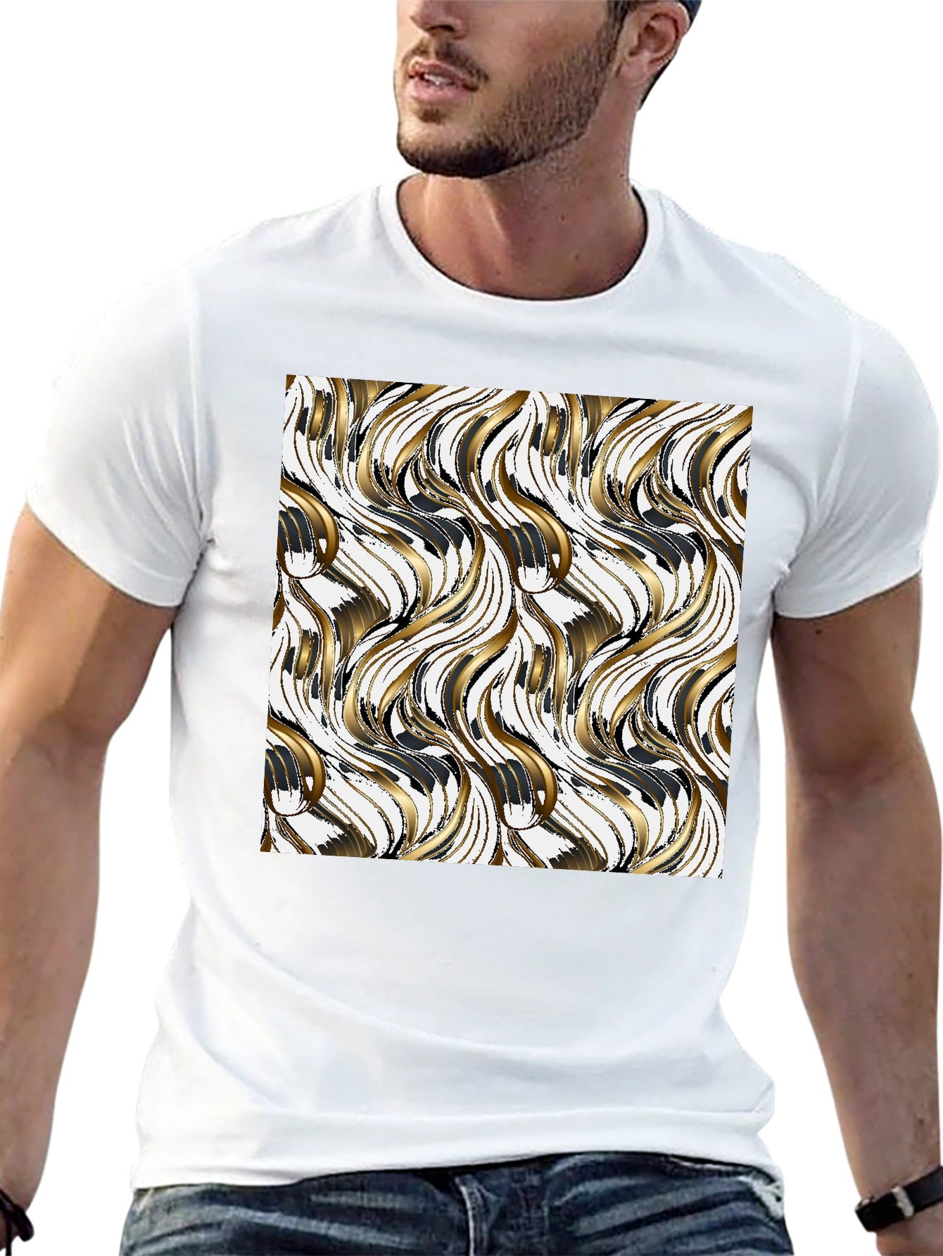 Stylish Black Tee with Gold Wave Design