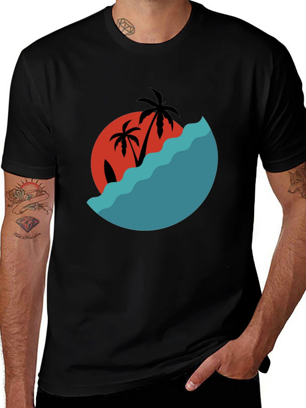 Tropical Sunset Graphic Tee - Black Cotton Comfort