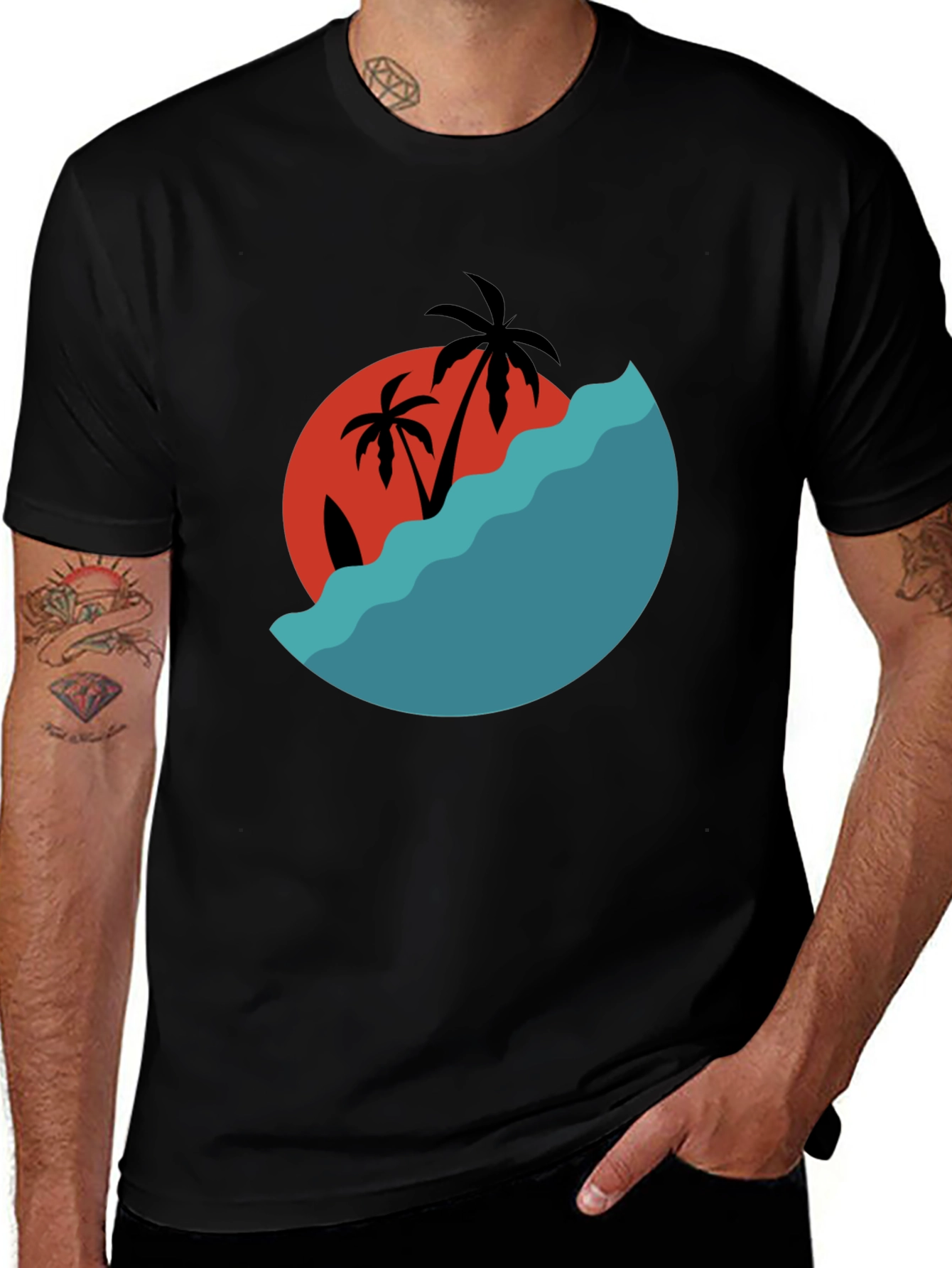 Tropical Sunset Graphic Tee - Black Cotton Comfort