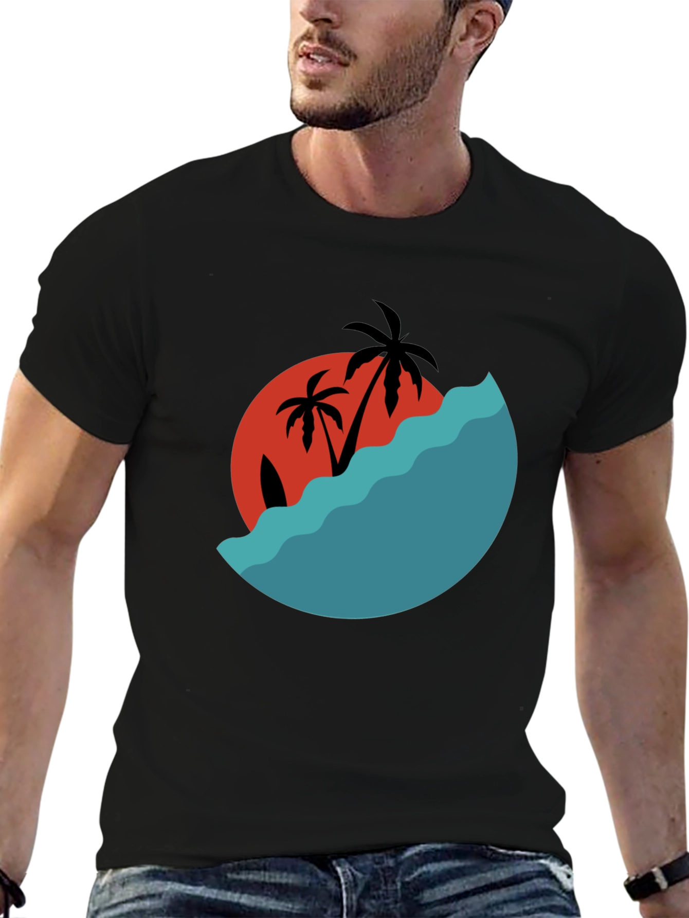 Tropical Sunset Graphic Tee - Black Cotton Comfort